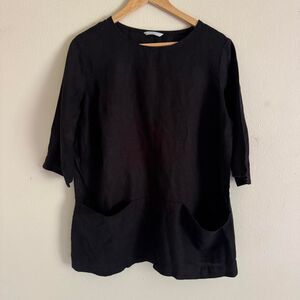 Linenfox Black 100% Linen Tunic Top L Oversized Smock Lagenlook Pockets